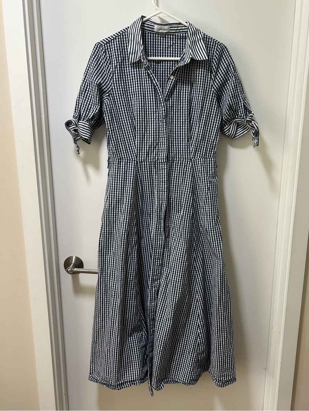 Calvin Klein Navy Blue and White Gingham A Line Midi Dress Size 6